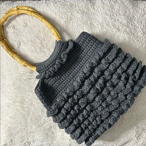 Gray Crochet Bag with Bamboo Handle